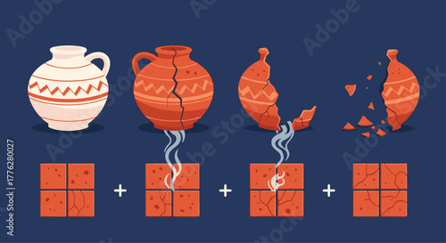 Sequential illustration showing a clay pot cracking and breaking into pieces, which are then repurposed into square tiles.