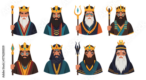 Set of eight detailed portraits of ancient or fantasy kings, each character featuring a unique crown, beard, and regal attire.