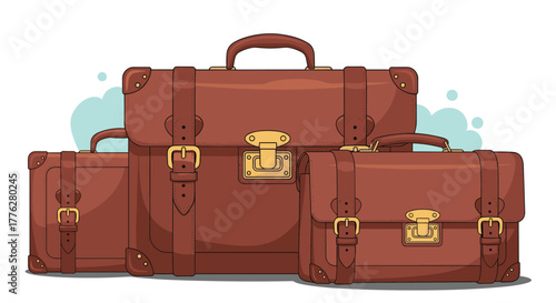 Collection of three classic brown leather travel suitcases of different sizes, featuring vintage-style straps and brass buckles.