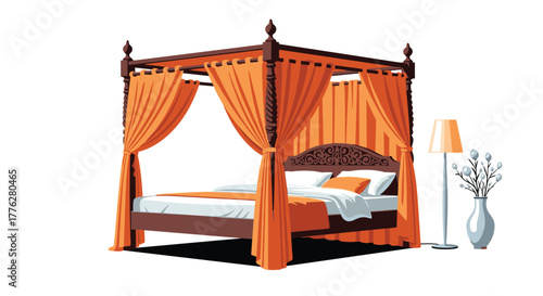 Elegant wooden four-poster bed with flowing orange curtains, white bedding, and a simple lamp on a white background.