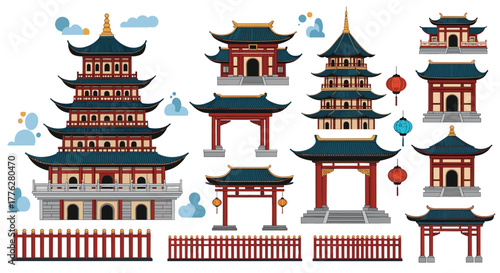 Comprehensive collection of traditional Chinese architectural elements, including pagodas, gates, fences, and lanterns in classic style.