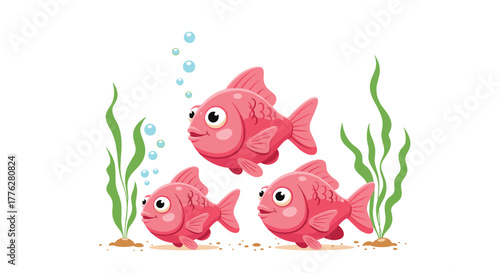 Three cute pink cartoon fish swimming together among green seaweed and bubbles in an underwater scene on a white background.