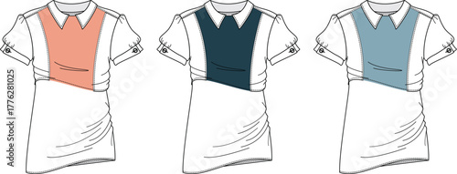 Three polo shirts with contrasting inserts, vector illustration on white background