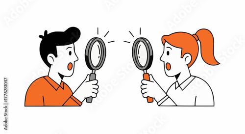 Surprised Characters Looking Through Magnifying Glass – Flat Vector Illustration of Observation and Curiosity