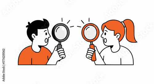 Surprised Characters Looking Through Magnifying Glass – Flat Vector Illustration of Observation and Curiosity