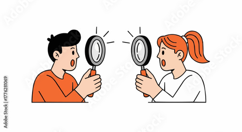 Surprised Characters Looking Through Magnifying Glass – Flat Vector Illustration of Observation and Curiosity