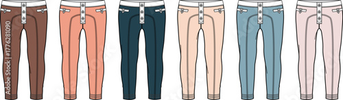 A vibrant collection of women's stylish slim-fit trousers in diverse colors, showcasing modern fashion apparel design and essential wardrobe versatility for contemporary casual wear