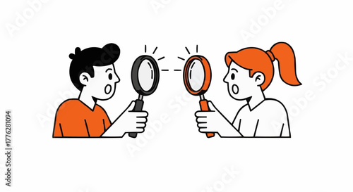Surprised Characters Looking Through Magnifying Glass – Flat Vector Illustration of Observation and Curiosity