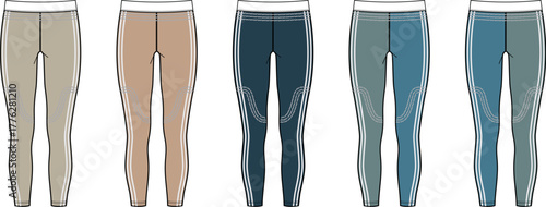 Vector illustration set of women's activewear leggings in multiple color variations. Technical flat fashion sketch for apparel design and clothing mockups
