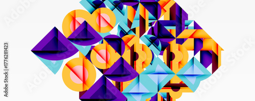 Abstract geometric shapes, vibrant colors, purple, blue, orange. Complex composition, modern design, digital illustration.