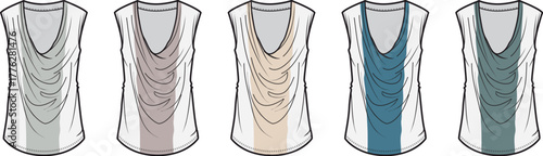 Collection of women's sleeveless cowl neck top fashion flat sketches. Technical vector illustration of an apparel design concept with multiple color variations