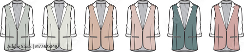 Collection of women's long sleeveless blazer vests in various colorways. Technical fashion flat illustration set for apparel design