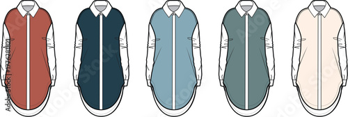 Collection of women's long sleeve color block tunic shirts. Technical fashion flat sketch vector template set shown in multiple colorways for apparel design