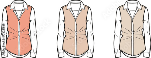 Women's waistcoat vest over a classic button-up collared shirt, fashion technical flat illustration in three colorways