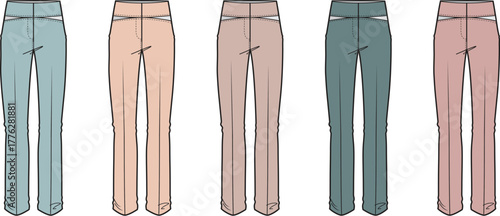 Elegant women's trousers fashion flat sketch set with high waist detail. Vector technical drawing template in five pastel colorways for apparel design
