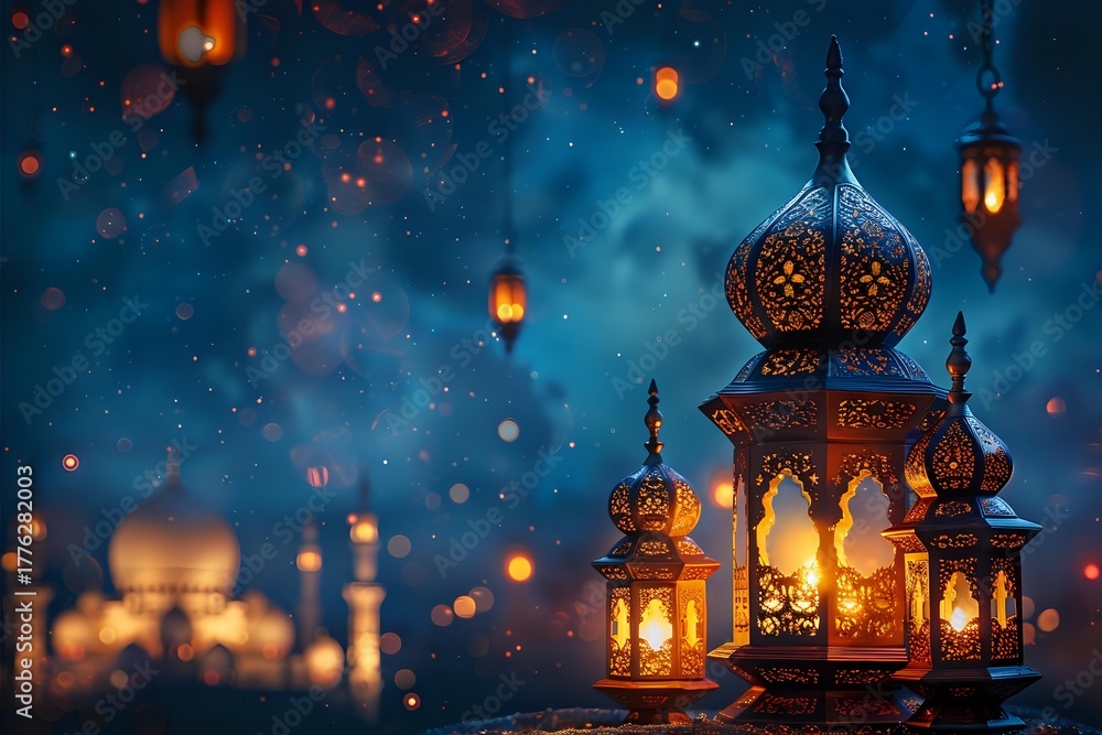 Fototapeta premium Ornate oriental lanterns glowing with warm light against dark blue night sky with floating lanterns and bokeh lights creating magical Ramadan atmosphere.