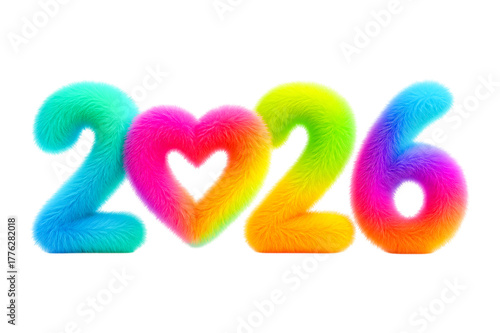 Colorful fluffy 2026 New Year text with rainbow heart, 3D render illustration