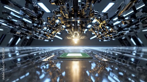 60 FPS cinematic view of robotic arms assembling a glowing microchip in a high-tech facility. Perfect for AI technology explainers, automation promos, engineering education & innovation branding.