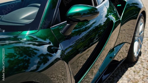 Close-up of a luxury green sports car with mirror-polished reflections & sun highlights. Perfect for automotive advertising, product design showcases, technology branding & cinematic lifestyle visuals