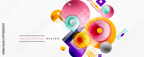 Abstract colorful shapes overlap. Pink, purple, orange hues dominate design. Modern geometric elements create dynamic composition.