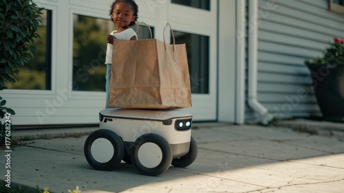 A small delivery robot with a paper bag on top moves along a sidewalk in a suburban area. The scene is bright and sunny, showcasing modern technology in daily life.
