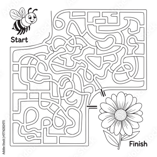 Bee and Flower Maze Puzzle Activity | Educational Black and White Game and Coloring Page for Kids