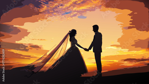 Elegant silhouette of bride and groom holding hands at sunset, vector art conveys romance and commitment with a warm, dreamy vibe perfect for wedding themes