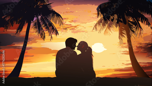 Romantic tropical getaway with sunset beach scene, couple embracing beneath palm trees, creating a dreamy vacation moment, perfect for travel, romance, or relaxation