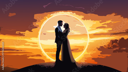 Romantic silhouette of a couple in love against a golden sunset, perfect for wedding invitations, anniversary cards, or heartfelt romantic projects