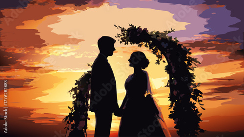 Romantic wedding silhouette at sunset with floral arch, a dreamy vector illustration of love and commitment in a vibrant, golden light backdrop