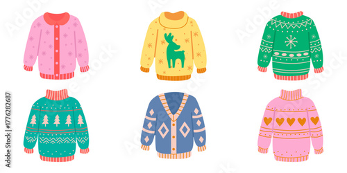 Christmas sweaters with buttons and colorful knitted festive patterns