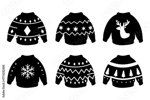 Black silhouette christmas sweaters with festive knit holiday designs