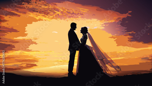 Stunning silhouette of a newlywed couple embracing at sunset, a romantic moment captured against vibrant skies, symbolizing love and commitment for anniversaries