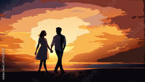 Romantic couple walking hand in hand at sunset on beach, sharing special moment together, vector design for anniversary, love, and relationship concepts