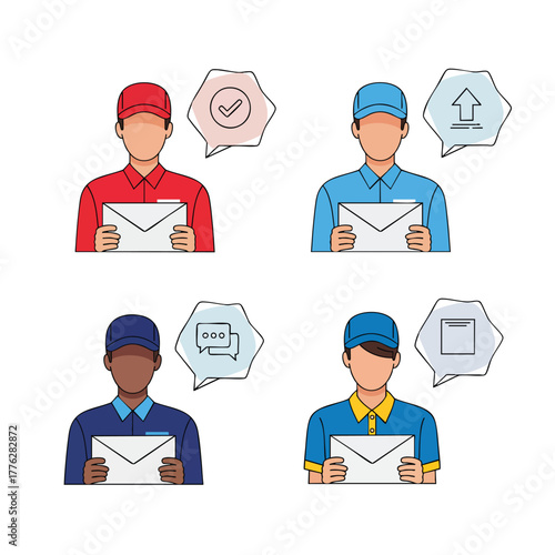 A diverse set of four mail carriers in colorful uniforms each holding an envelope with a related service icon.