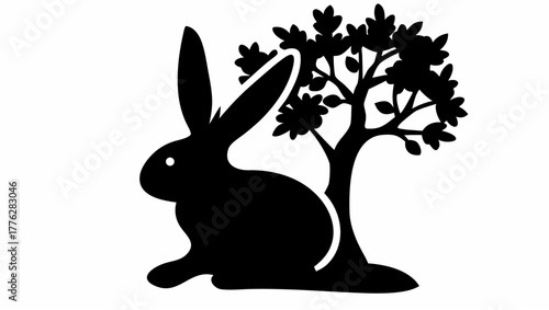 Silhouette of a rabbit sitting next to a tree with leaves in black and white simple illustration