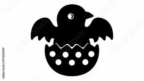 Silhouette of a chick hatching from an egg with polka dots and jagged edges on a white background