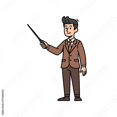 A smiling cartoon businessman in a brown suit holding a pointer stick and presenting.