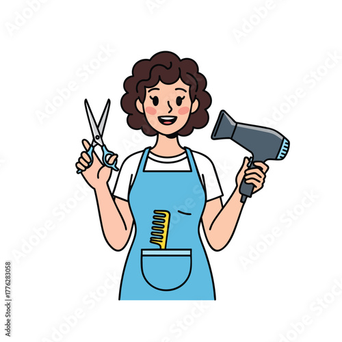 A smiling female hairdresser with curly hair holding scissors and a hairdryer.