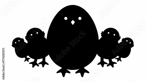 Silhouette of a large chick surrounded by smaller chicks in a simple black and white design style image
