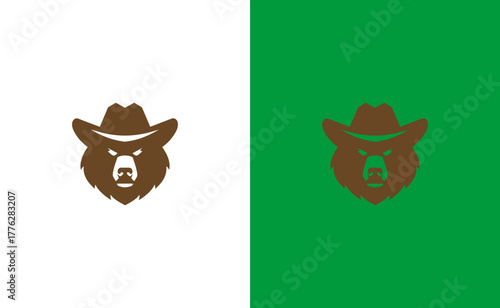 Stylized bear head wearing cowboy hat logo design on white and green background