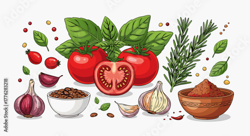 Vibrant hand-drawn illustration of Italian cooking ingredients like fresh tomatoes, basil, garlic, rosemary, and spices. Healthy food concept vector