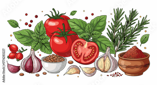 Vibrant culinary ingredients composition for healthy Mediterranean cooking, featuring fresh red tomatoes, aromatic green basil, fragrant garlic cloves, and flavorful spices vector illustration