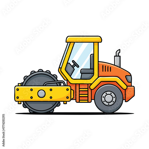 A vibrant orange and yellow cartoon sheepsfoot road roller construction vehicle with bold outlines viewed from the side.