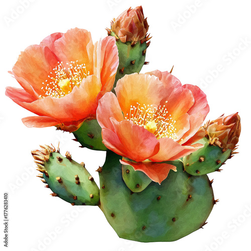 Watercolor prickly pear cactus flower, isolated on a white background, clear edges, botanical clipart style.