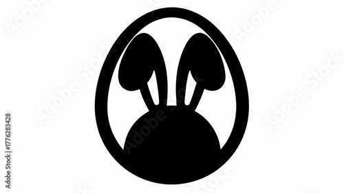 Black and white easter egg with bunny ears peeking out from behind a small hill inside the egg shape