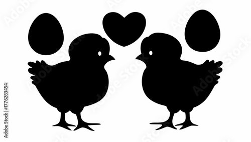 Two black chick silhouettes facing each other with an egg and heart shape above each chick design
