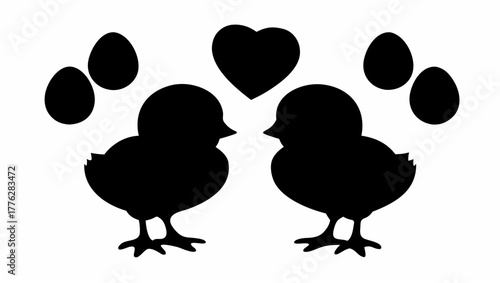 Silhouette of two chicks facing each other with eggs and a heart shape above them in black and white