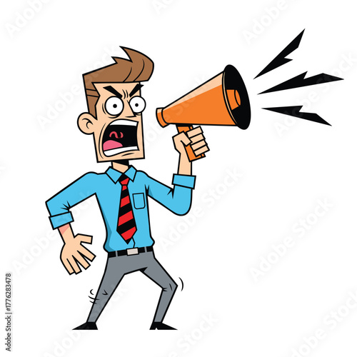 Angry cartoon businessman in a blue shirt and red tie shouting furiously into an orange megaphone.