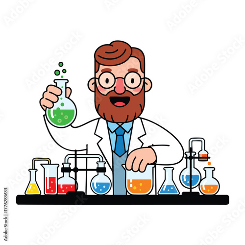 Cartoon illustration of a friendly bearded scientist in a lab coat holding a bubbling green flask.